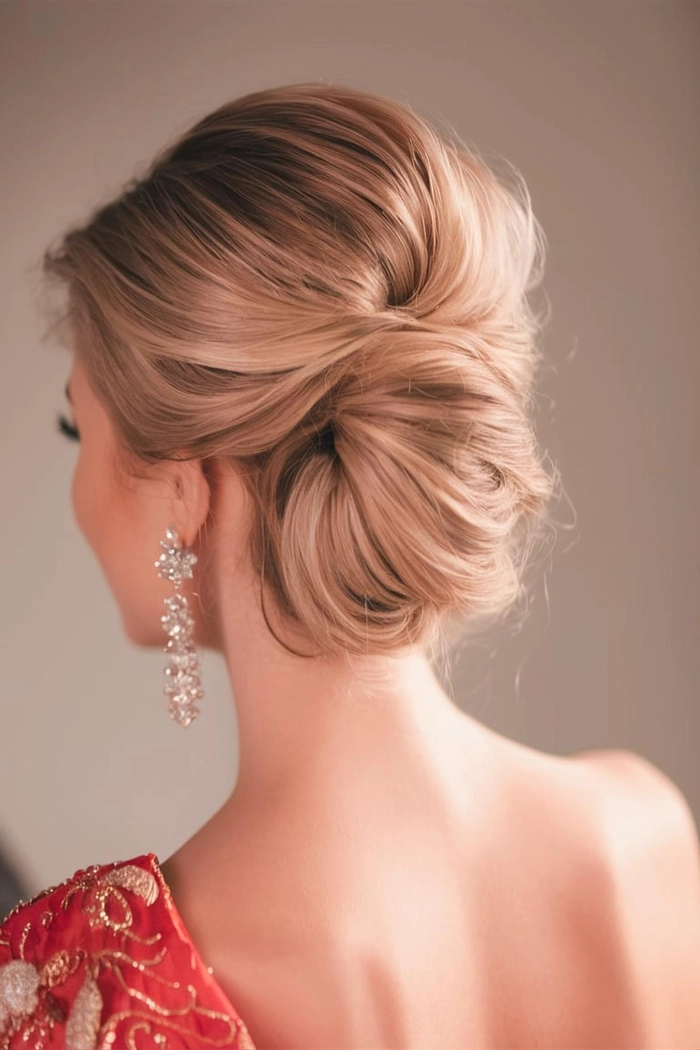 Stylish and contemporary wedding hairstyle for the mother of the groom Elegant mother of the groom showcasing a modern hairstyle for a wedding
