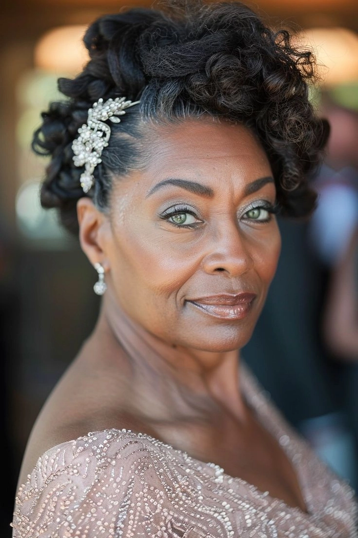Chic and contemporary wedding hairstyle for the mother of the groom image 4 Elegant mother of the groom with a modern updo hairstyle at a wedding