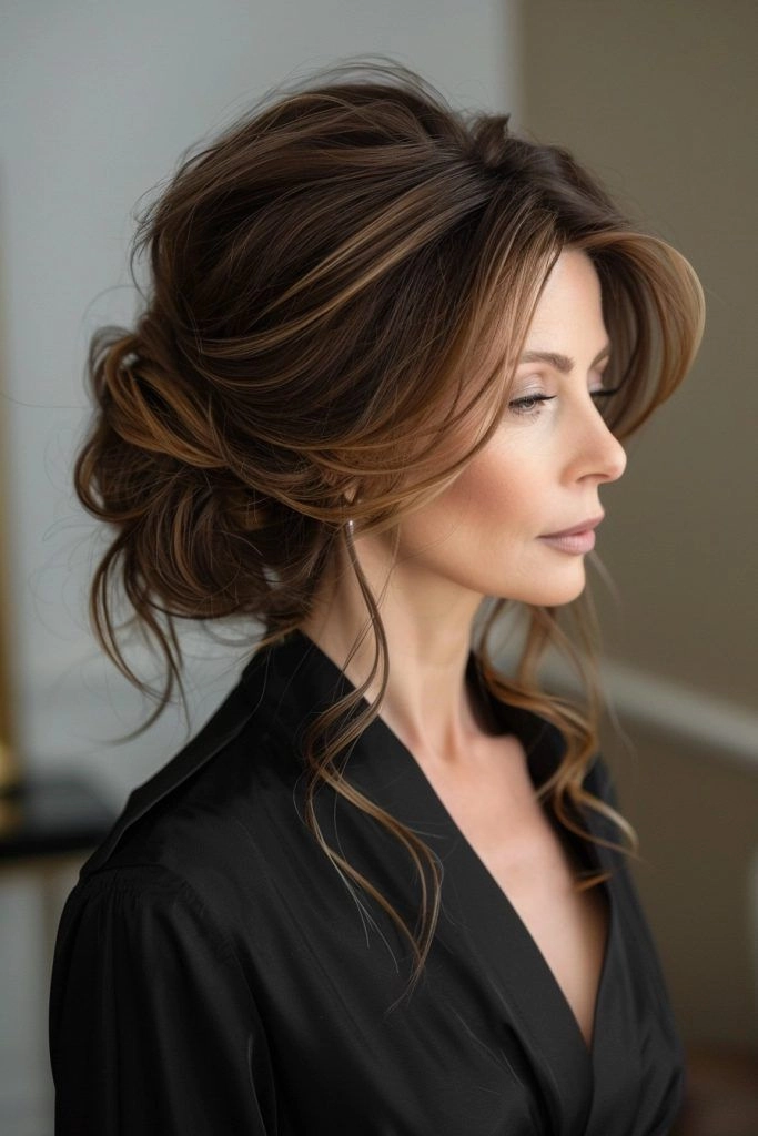 Mother of the bride elegant hair for a timeless wedding look Elegant hairstyle of the mother of the bride with soft curls and sophisticated updo