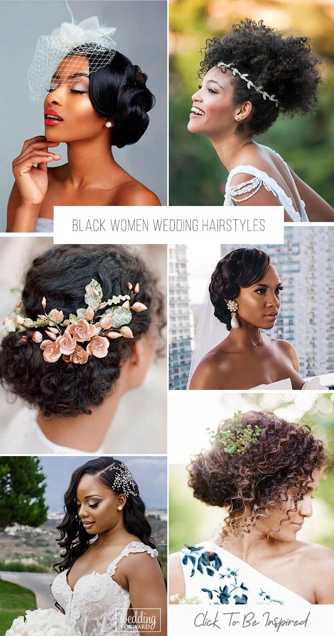 Elegant natural black hair bridal look with soft curls and floral accents