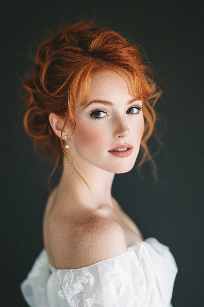 Elegant bridal hair for redheads styled with soft curls and floral accents