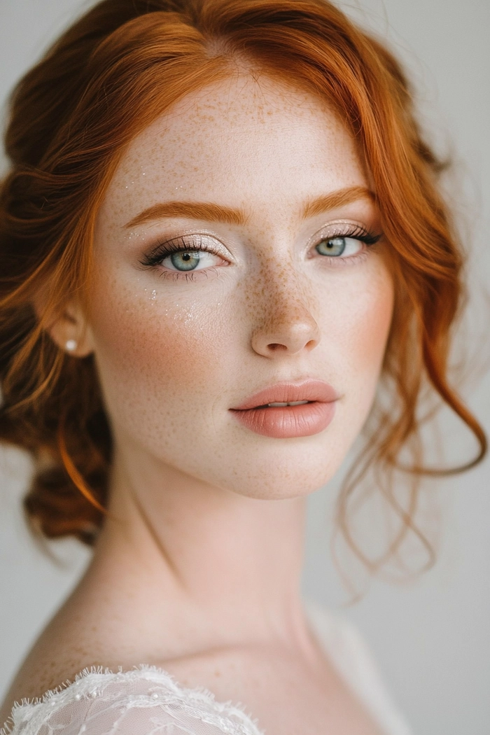 Elegant bridal hair for redheads styled with soft curls and floral accessories