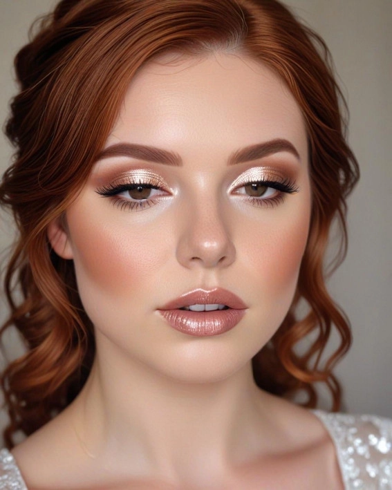Elegant bridal hairstyle showcasing soft curls on a redhead bride