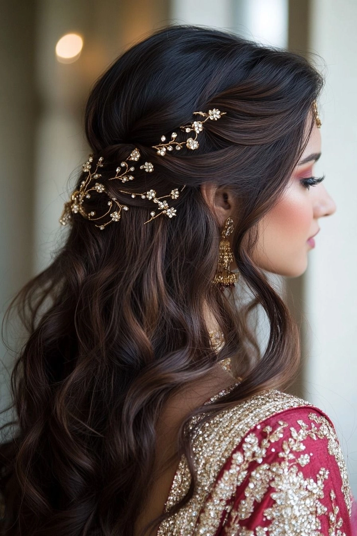 Sophisticated bridal hairstyle perfect for a second wedding celebration Elegant second wedding bridal hair style featuring soft curls and floral accessories