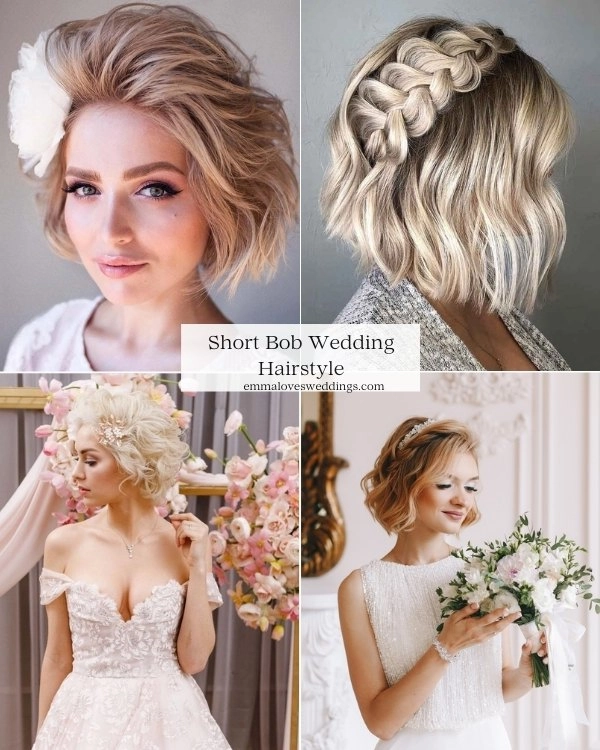 Chic short bob bridal hairstyle perfect for contemporary wedding looks Elegant short bob wedding hairstyle adorned with delicate floral accessories for brides