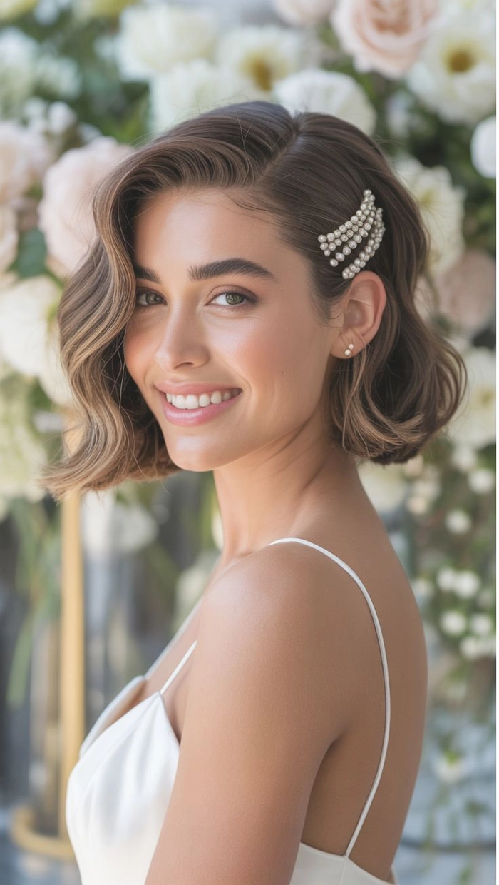 Stylish short bob wedding hairstyle perfect for modern brides looking for chic elegance Elegant short bob wedding hairstyle with delicate floral accents for brides
