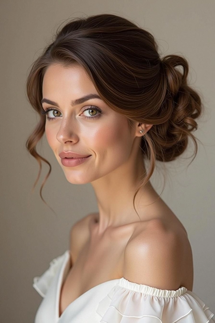 Chic and simple wedding hairstyle for bridesmaids with short hair Elegant short hair bridesmaid updo with soft curls and floral accents