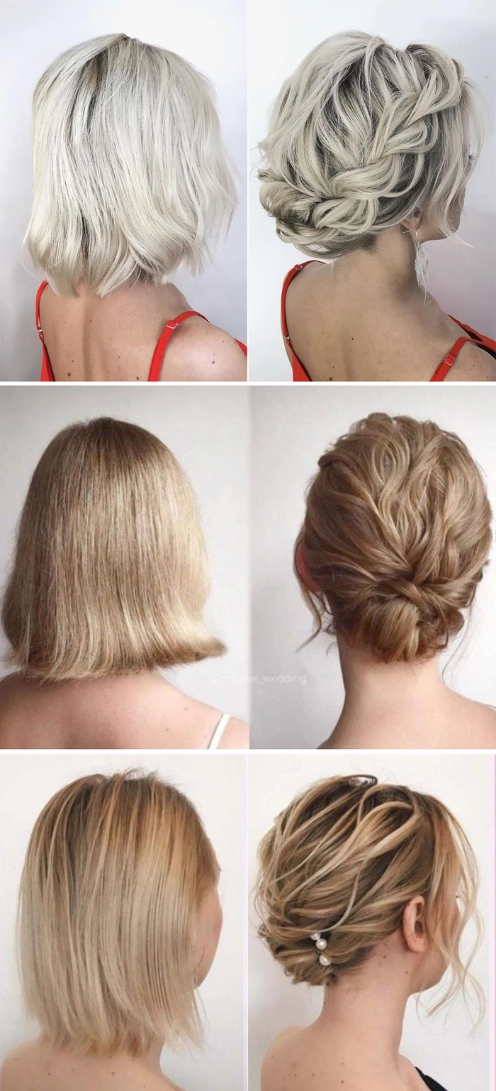 Chic and stylish short hair bridesmaid hairstyle for a special wedding day Elegant short hair bridesmaid updo with delicate floral accents for a wedding