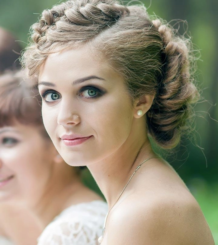 Chic wedding hairstyle for short hair bridesmaids number 14 Elegant short hair bridesmaid updo with delicate floral accents