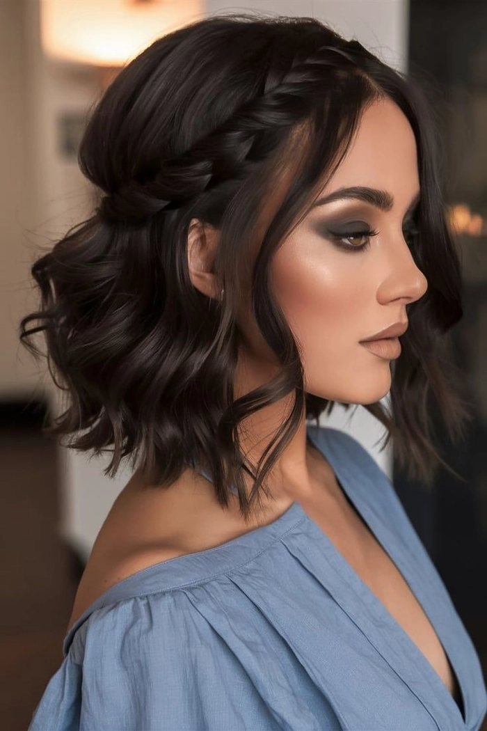 Chic and stylish wedding guest look for short hair inspiration Elegant wedding guest hairstyle for short hair with soft waves