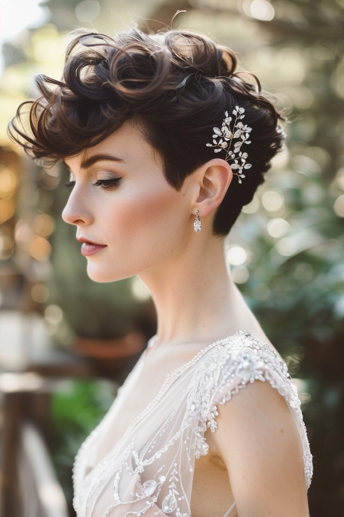 Elegant wedding hair for short layers styled with soft waves and delicate accessories