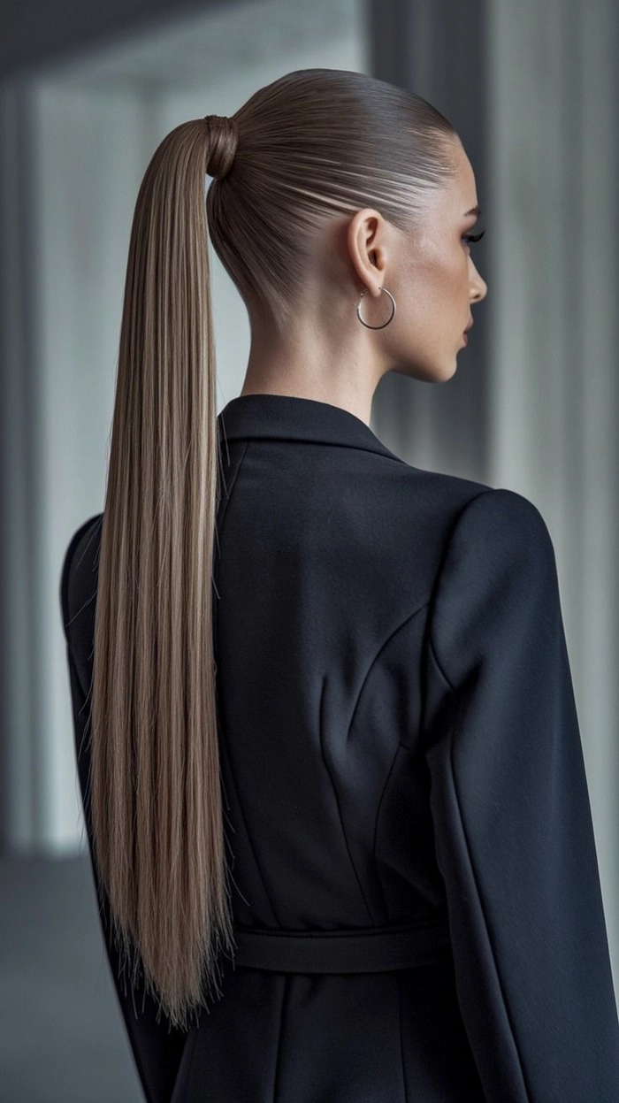 Sleek high ponytail wedding hairstyle perfect for a modern bride image 7 Elegant sleek high ponytail wedding hair showcasing a polished bridal look