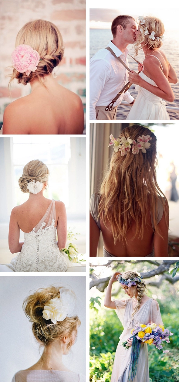Tropical wedding hairstyle perfect for a beach ceremony look Elegant destination tropical wedding hair adorned with fresh flowers