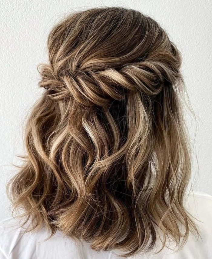 Beautiful medium-length wedding guest hair styled for a special occasion Elegant wedding guest hairstyle for medium hair with soft curls and subtle volume