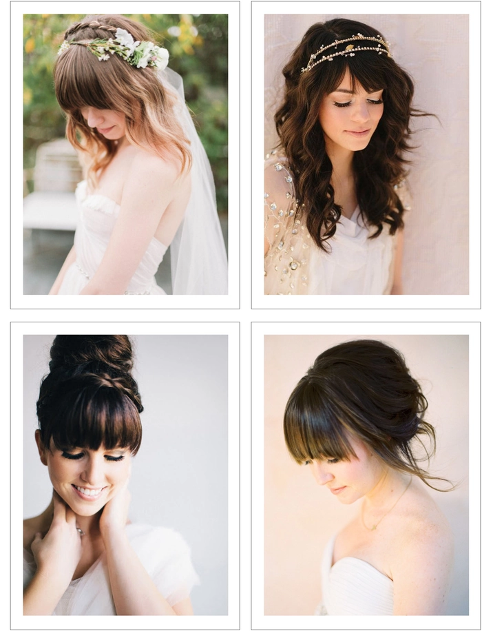 Elegant wedding hair with softly styled bangs framing the face