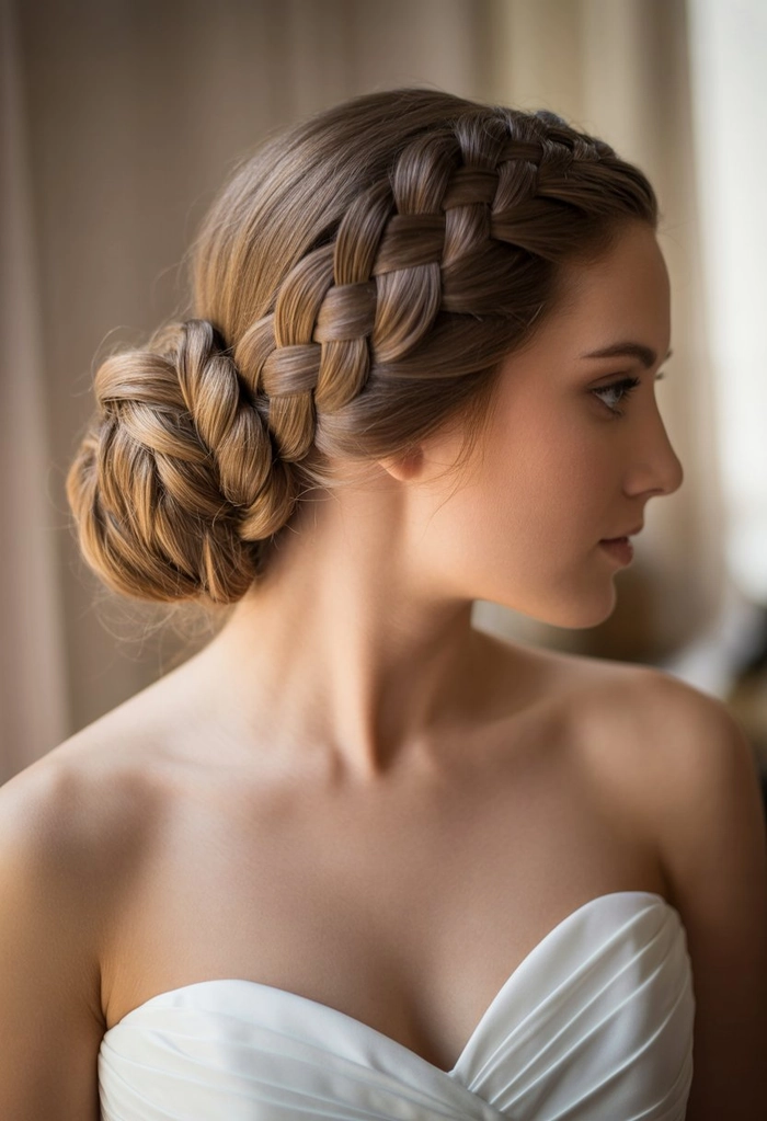 Wedding hairstyle ideas perfect for strapless dresses showcasing soft waves and elegance Elegant wedding hair styled for a strapless dress with soft waves and floral accents