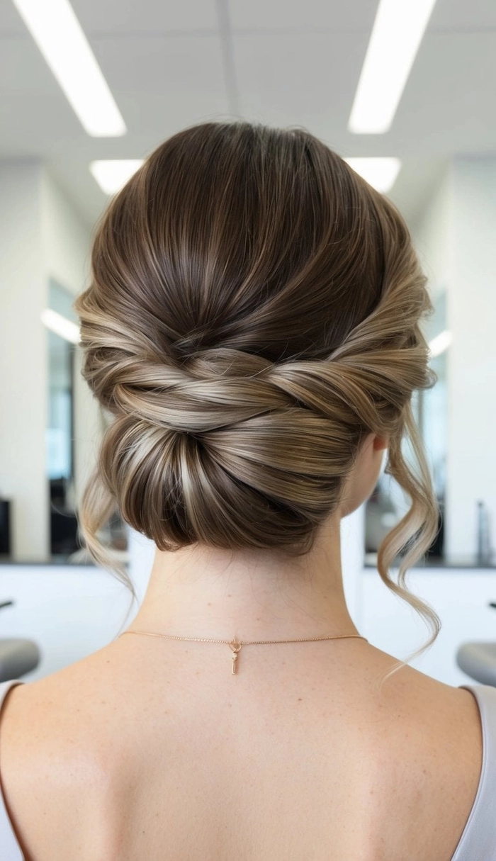 Stylish twisted low bun wedding hairstyle perfect for brides on their special day Bride showcasing elegant wedding hair twisted low bun with delicate accessories