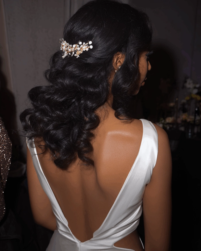 Wedding hair for backless dress inspiration from image 12 in our collection Elegant wedding hairstyle showcasing intricate details perfect for backless dress