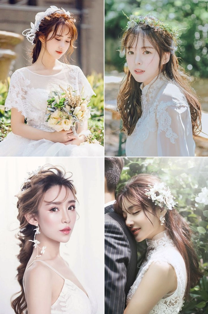 Elegant wedding hairstyle featuring soft bangs and loose curls