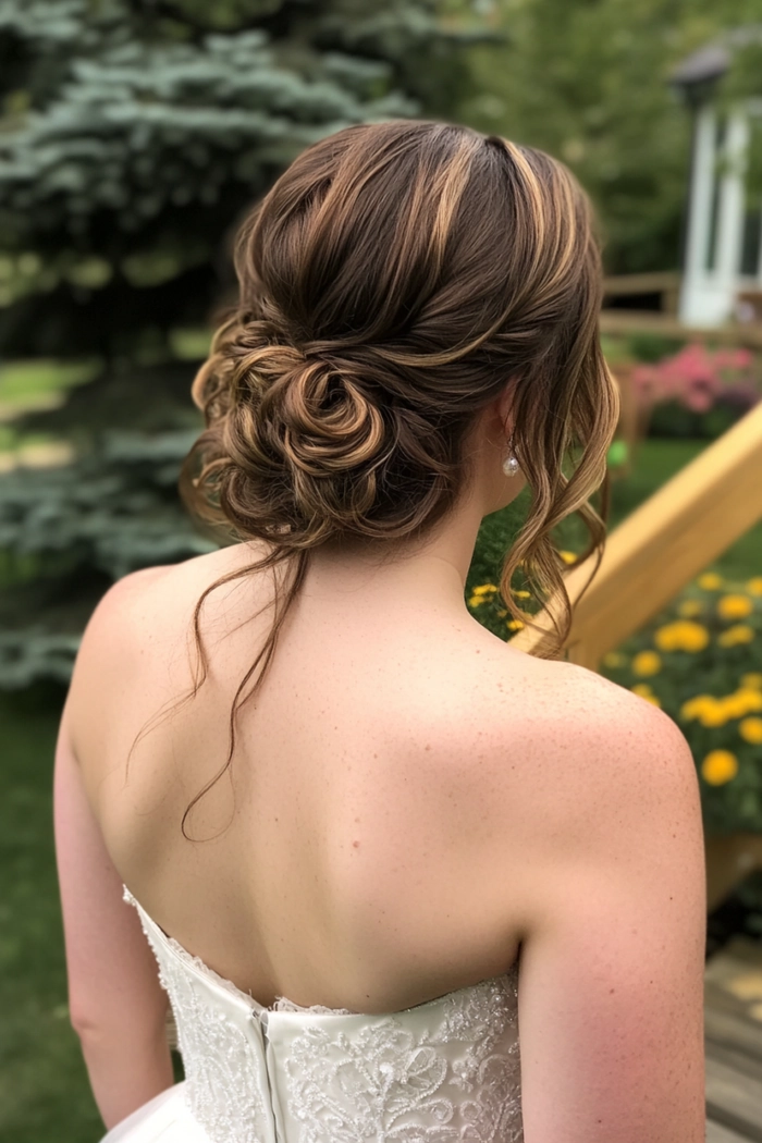 Beautiful bridal hair design perfect for a strapless gown on wedding day celebration Elegant wedding hairstyle complementing a strapless dress with soft curls and floral accents