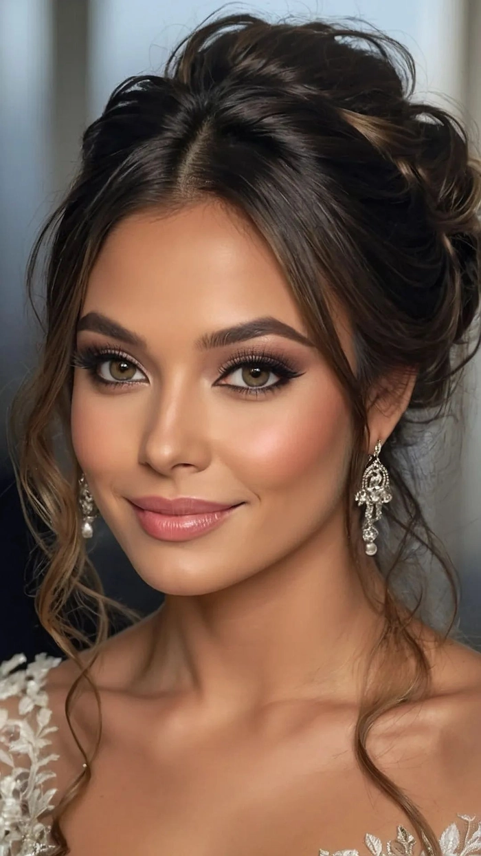 Graceful bridal hair design complementing strapless wedding gowns beautifully Elegant wedding hairstyle perfect for a strapless dress with soft curls and floral accents
