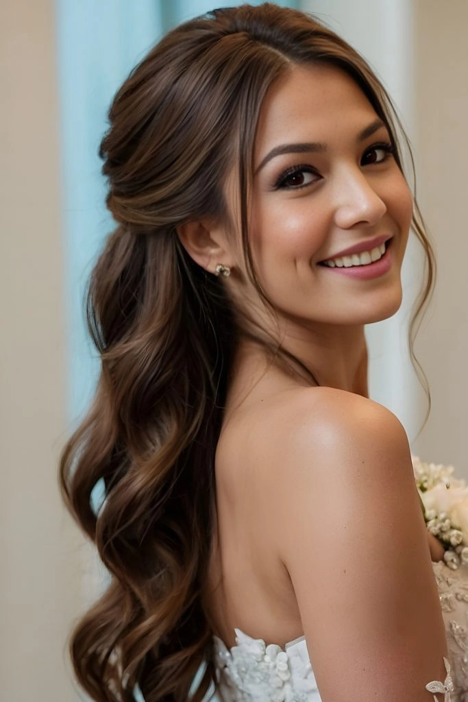Beautiful bridal look featuring thick coarse hair styled perfectly for a wedding day Elegant wedding hairstyle for thick coarse hair with soft curls and floral accessories