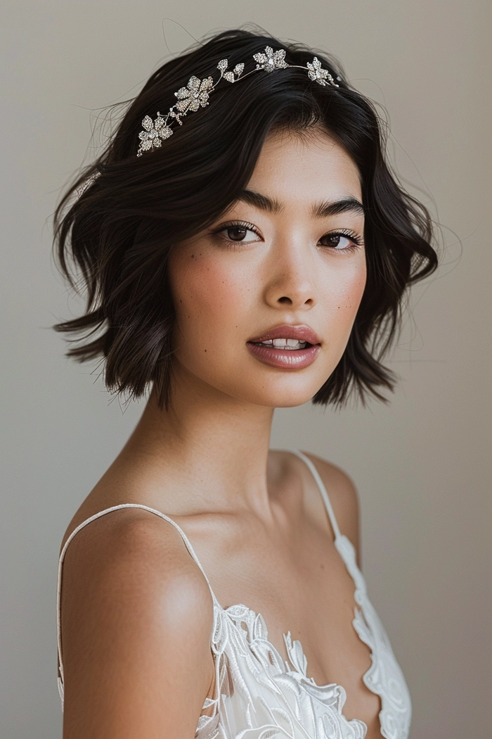 Elegant wedding hair for short layers styled with delicate accessories