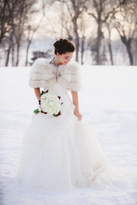 Elegant winter wedding hairstyle adorned with delicate faux fur accessories