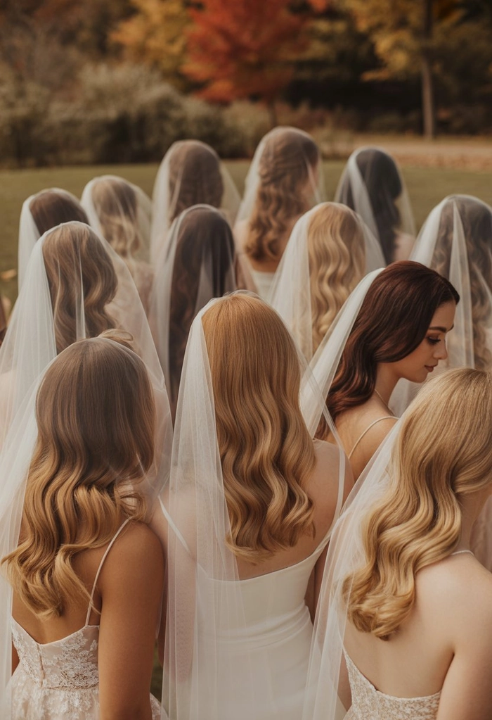 Bride showcasing fall autumn wedding hair adorned with delicate leaves in rustic style