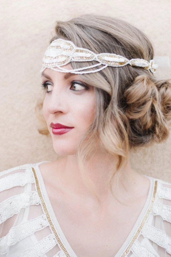 Elegant Great Gatsby themed wedding hair with vintage waves and jeweled accessories