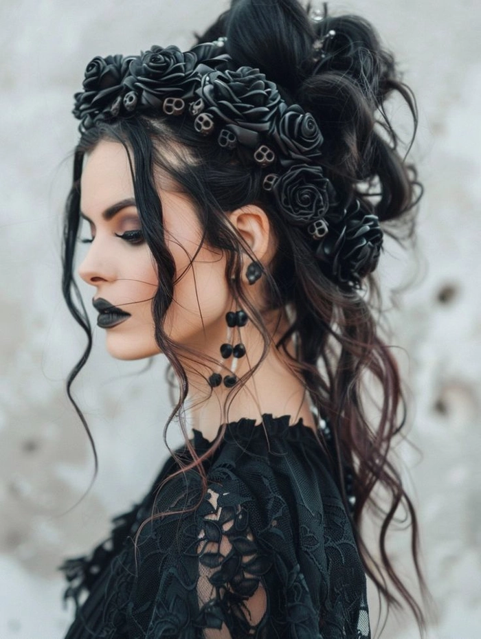 Gothic wedding bridal hair style inspiration for a dramatic bridal look Elegant gothic wedding bridal hair with intricate dark floral accents