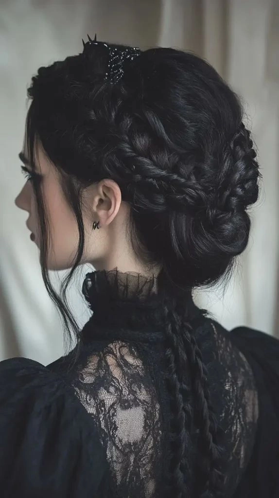 Gothic Wedding Hairstyle Inspiration for Brides Looking for Dark Romance Elegant gothic wedding bridal hair with intricate black lace accessories