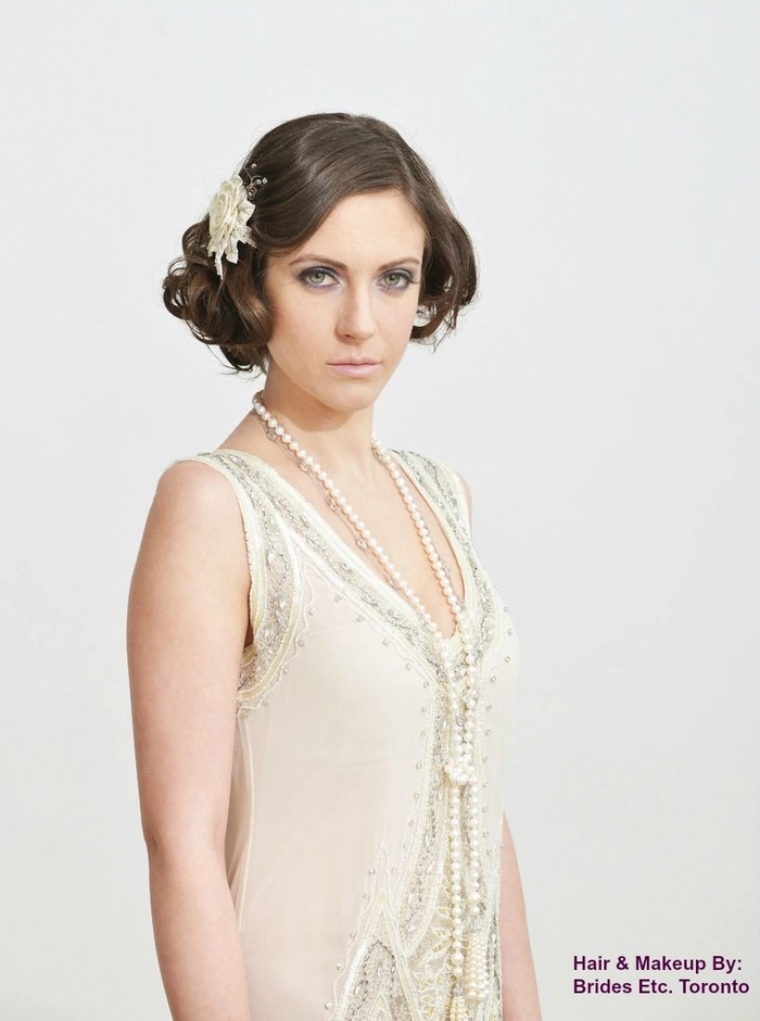 Elegant Great Gatsby themed wedding hair with vintage waves and pearl accents