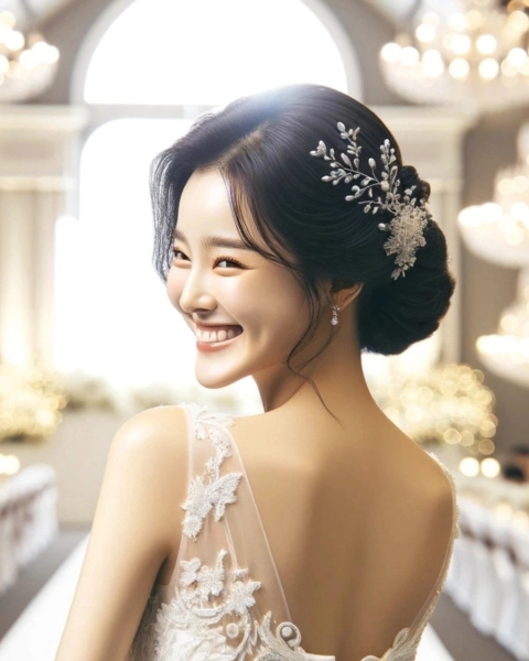 Elegant Korean traditional wedding hair with intricate floral accessories