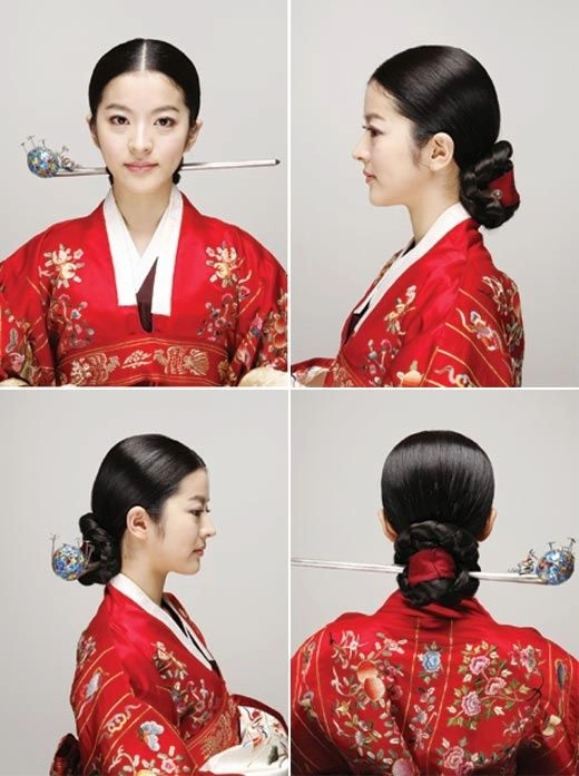 Traditional Korean wedding hair adorned with elegant accessories and intricate styling