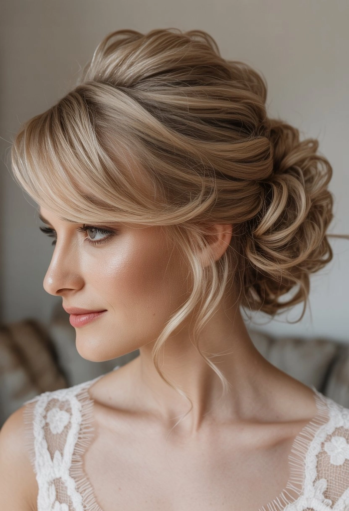Elegant low updo hairstyle perfect for a romantic wedding look Messy textured low bridal updo hairstyle with soft waves and loose strands