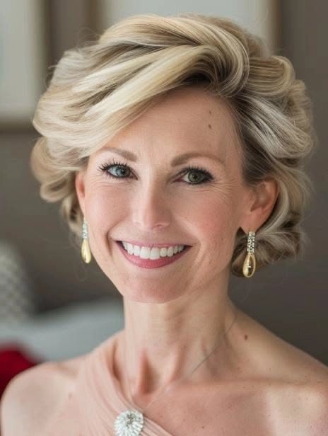 Elegant wedding hairstyle for the mother of the bride featuring timeless sophistication Mother of the bride elegant hair styled in a classic updo with soft curls