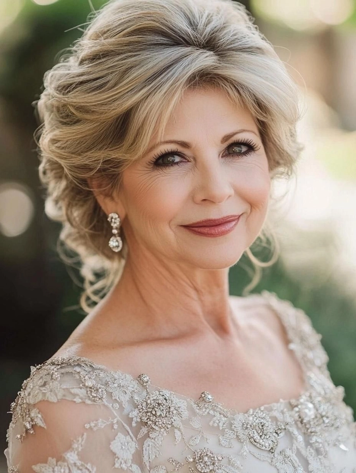 Sophisticated mother of the bride hair design for a wedding occasion Elegant mother of the bride hairstyle with soft curls and delicate accessories