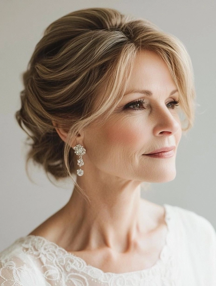 Elegant wedding hairstyle for the mother of the bride showcasing timeless grace Mother of the bride elegant hair styled in a sophisticated updo with soft curls
