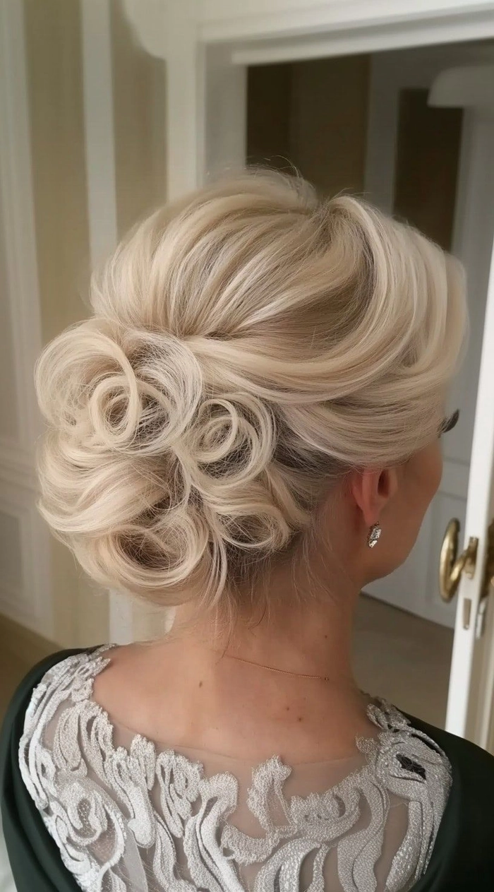 Elegant mother of the bride hairstyle for a stylish wedding look Mother of the bride with an elegant updo hairstyle at a wedding