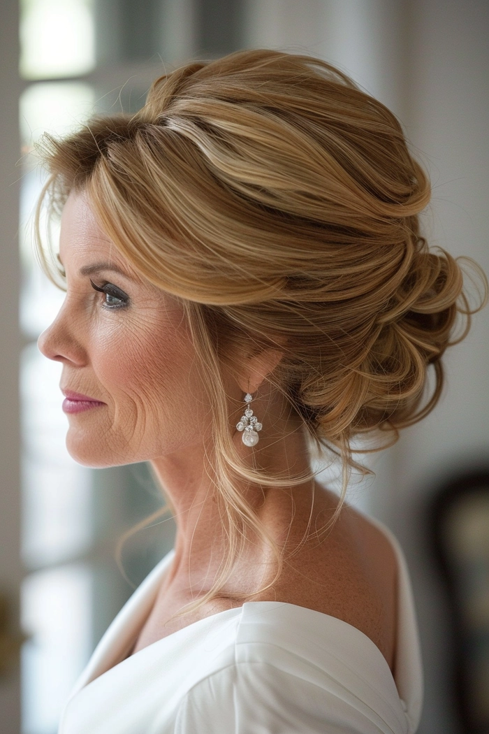 Elegant mother of the bride hairstyle designed for thin hair, showcasing soft waves and volume