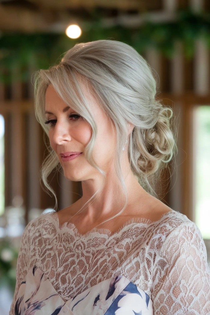 Elegant wedding hairstyle ideas for the mother of the groom in a contemporary look Mother of the groom sporting a chic and modern hairstyle for a wedding