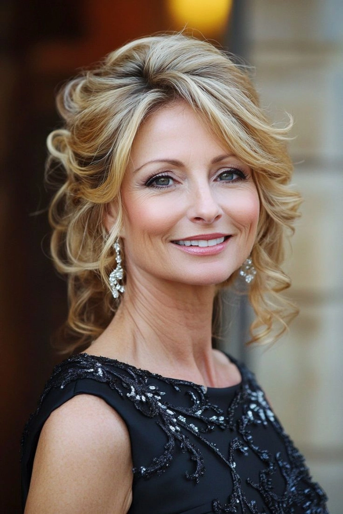 Chic modern wedding hairstyle perfect for the mother of the groom celebration Elegant mother of the groom modern hairstyle with soft waves and subtle highlights
