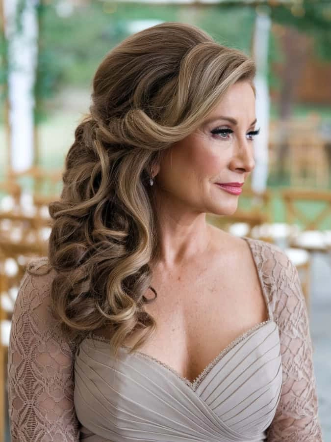 Sophisticated wedding hairstyle for mother of the bride looking graceful and chic Elegant mother of the bride hairstyle with soft curls and subtle volume