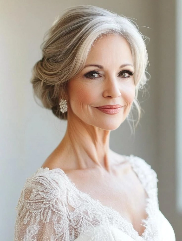 Sophisticated hair design perfect for the mother of the bride at a wedding Elegant mother of the bride hairstyle with soft curls and delicate accessories