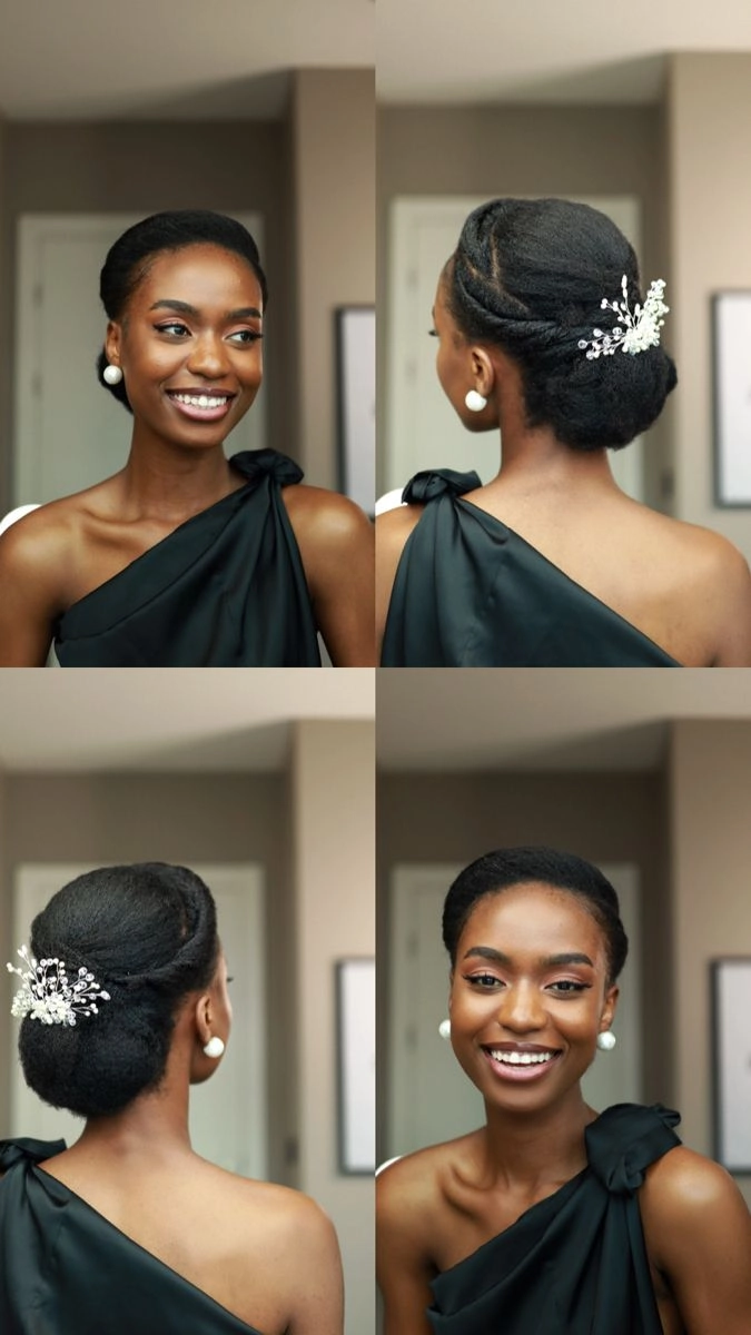 Elegant natural black hair bridal look with soft curls and floral accents