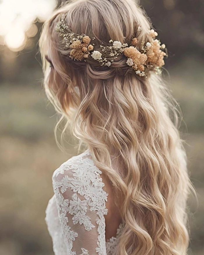 Outdoor rustic wedding bridal hair styled with soft waves and floral accents