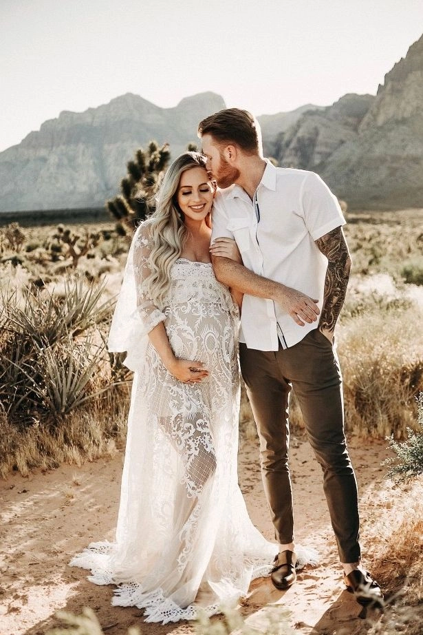 Elegant and comfortable wedding hair for a radiant pregnant bride Pregnant bride smiling with a comfortable and elegant wedding hairstyle