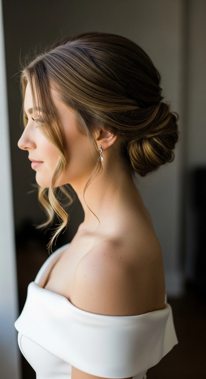 Elegant bridal hairstyle featuring a relaxed loose chignon for weddings Romantic loose chignon wedding hair with soft tendrils framing the face