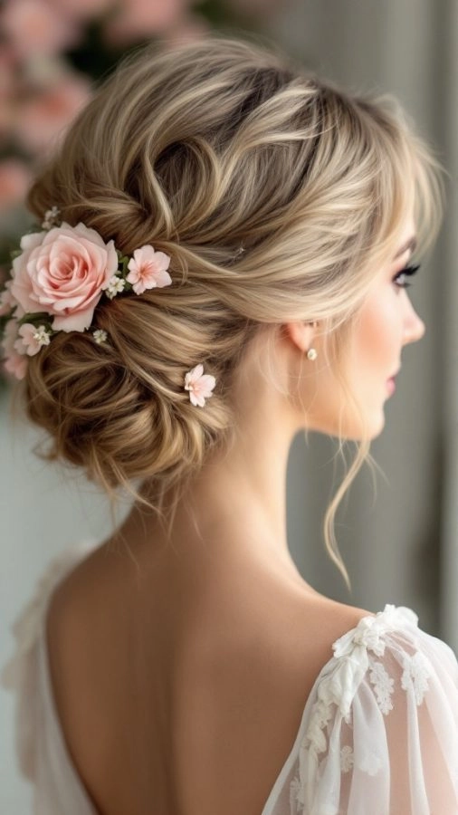 Elegant bridal hairstyle featuring a soft, romantic loose chignon perfect for weddings Romantic loose chignon wedding hair with delicate curls and floral accents